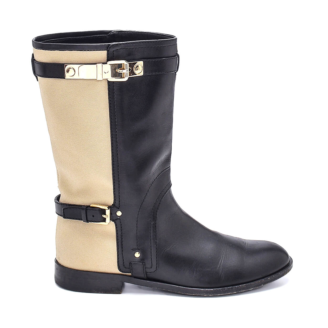 Christian Dior - Black Leather & Beige Canvas Colorblock Double Buckle Boots